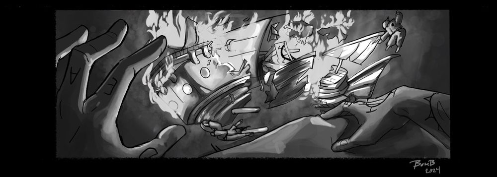 Greyscale; Law first person POV shot of polar tang’s destruction. His hand is reaching out towards it as it is broken apart.