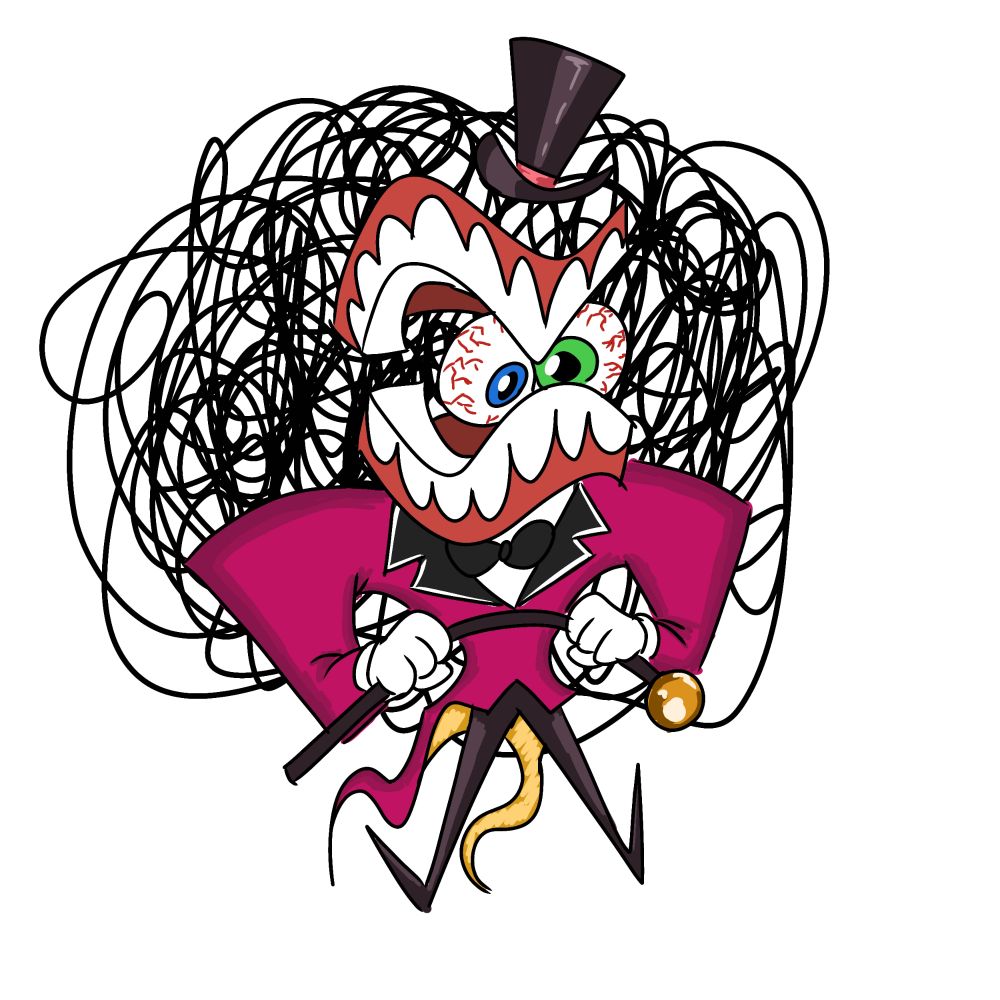 Desenho. Caine, de The Amazing Digital Circus, furioso, está de olhos vermelhos e torcendo sua bengala. Fundo rabiscado