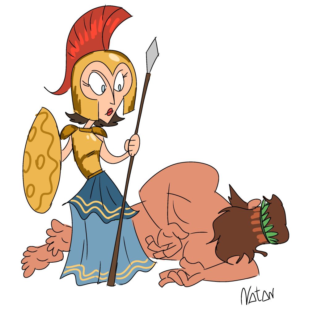 Atena à frente, ao fundo, Zeus na pose meme de morte do family guy