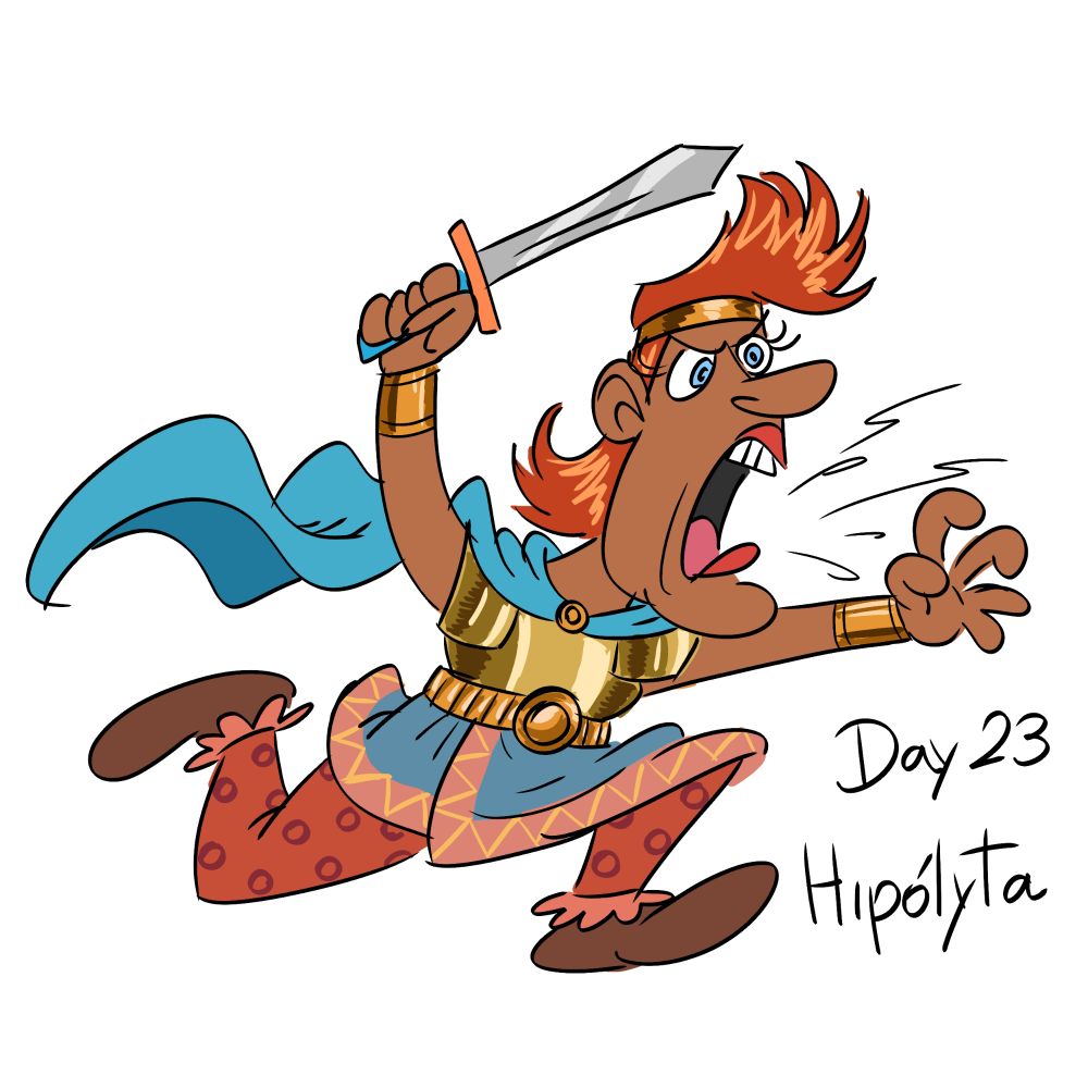 Mulher ruiva, forte, de cabelo curto e pele morena em pose de ataque correndo e gritando. Usa peitoral de armadura, cinturão e roupas em tons de azul, laranja e marrom