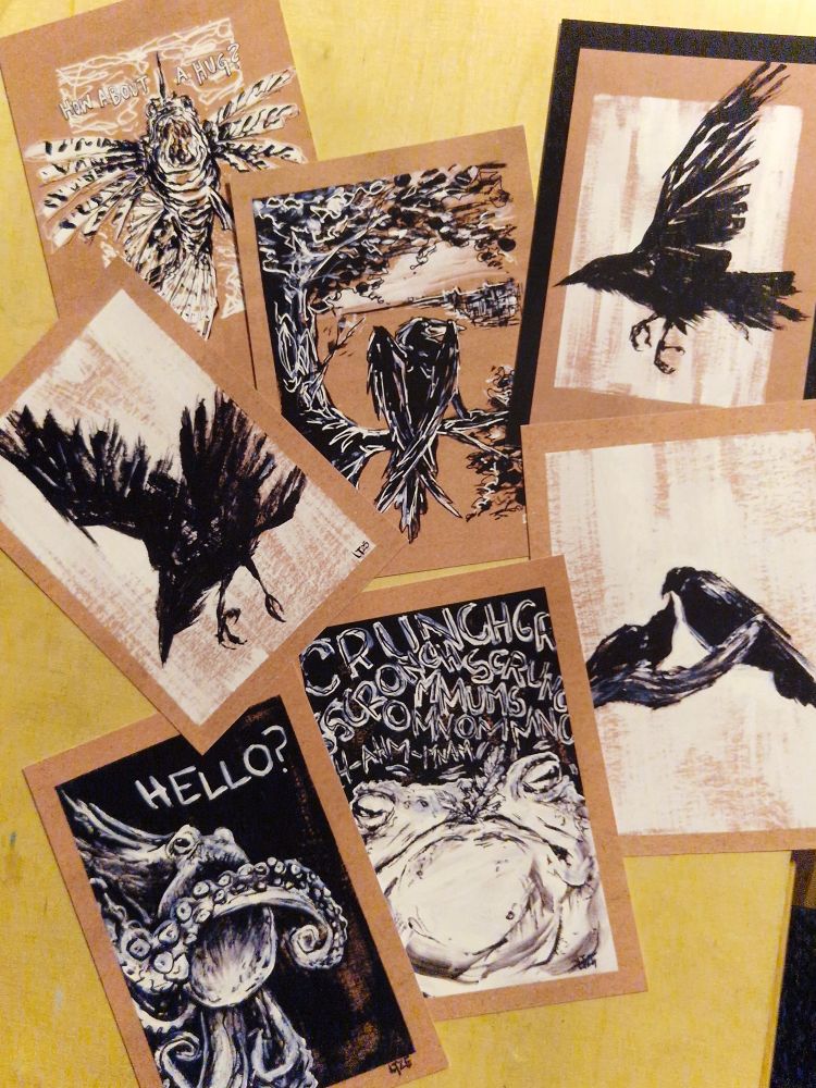 a set of seven postcards with a brown undertone and a black & white image on top.