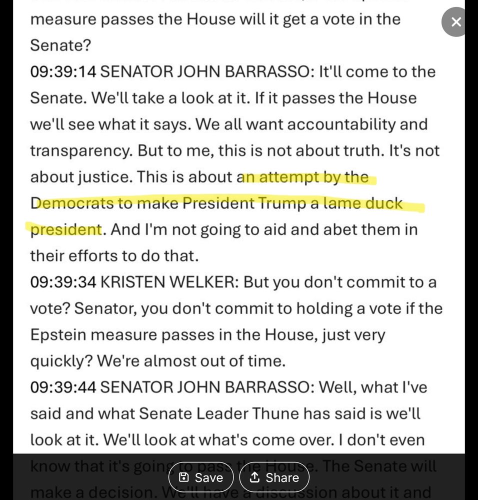 An interview between kristen welker and senator john barrasso, an excerpt from senator barrasso's quote is highlighted that describes the.Release of the epstein files as "...an attempt by the democrats to make president trump a lame duck president."