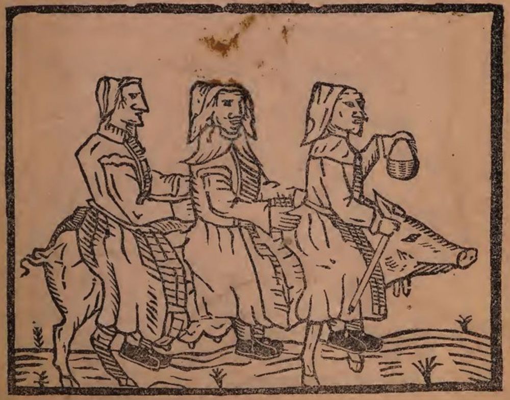 A black and white illustration (possibly woodcut or another printmaking technique) of three witches in early modern dress, riding tandem on a large sow.