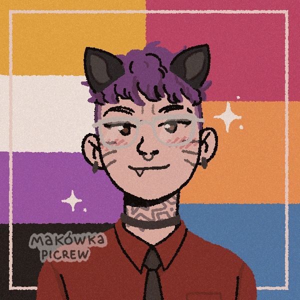 animated image of me with purple hair, cat ears, whiskers, an eyebrow slit, grey glasses, a tooth hanging out and a maroon button up with a tie.  the background is half the nonbinary flag and half the pansexual flag