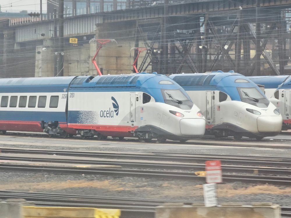 Brand new Acela trainsets sitting in the Philadelphia train yard waiting to start service
