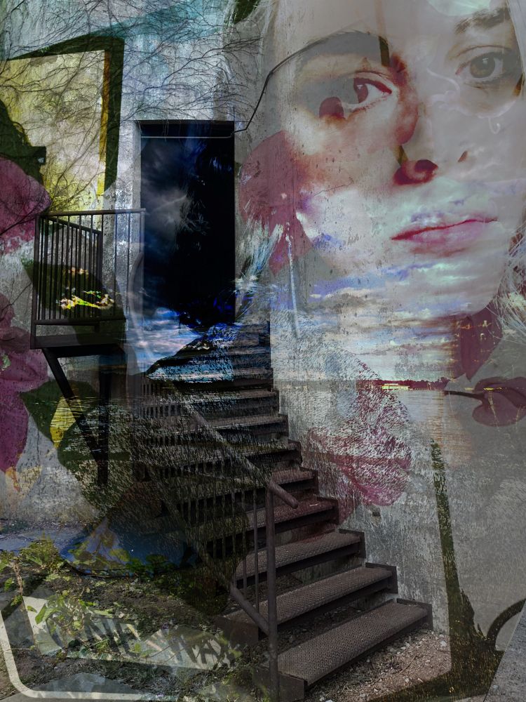 A surreal, dreamscape photographic collage made from multiple images overlaid. A woman looks off into the distance while a stairway climbs over her shoulder, leading to a doorway. The door opens to a nebulous dark: maybe clouds, maybe a starburst, maybe a black hole, maybe nothing. Grounding and background elements include brick work, lavender clouds, sprawling vines, a “one way” street sign, and pink flowers.