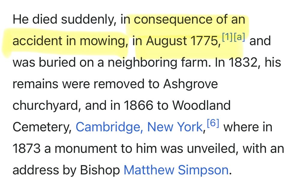 Philip Embury description of death by a mowing accident in 1775.