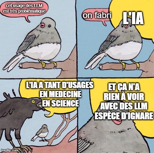 Un petit passereau commence à expliquer en quoi tel usage des LLM est problématique. Il est interrompu par une corneille qui braille pour couvrir sa voix : L'IA, l'IA a plein d'usages dans les sciences la médecine et ça n'a rien à voir avec les LLM espèce d'ignare" - sauf que le petit oiseau lui il visait *tel usage des LLM* et pas *l'IA*