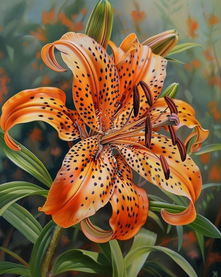 Tiger Lily's described as a "wild spirit" or "untamed beauty". Free, lively, a splendid unfolding mystery. 🌱

Recently planted bulbs. Expecting splashes of fiery frills and spotted stripes next summer. 

Artist:
Elena Troianskaia. 

#Flowerreport