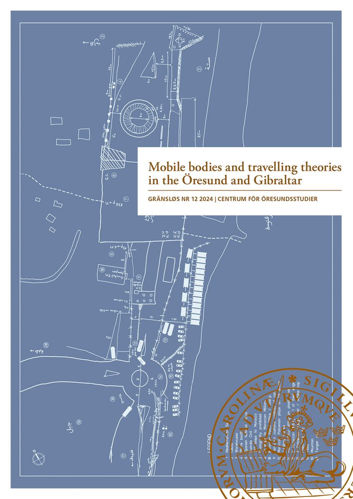 Journal cover. Blue background, white lines drawing a map of roads, buildings and the sea. The text "Mobile bodies and travelling theories in the Öresund and Gibraltar".