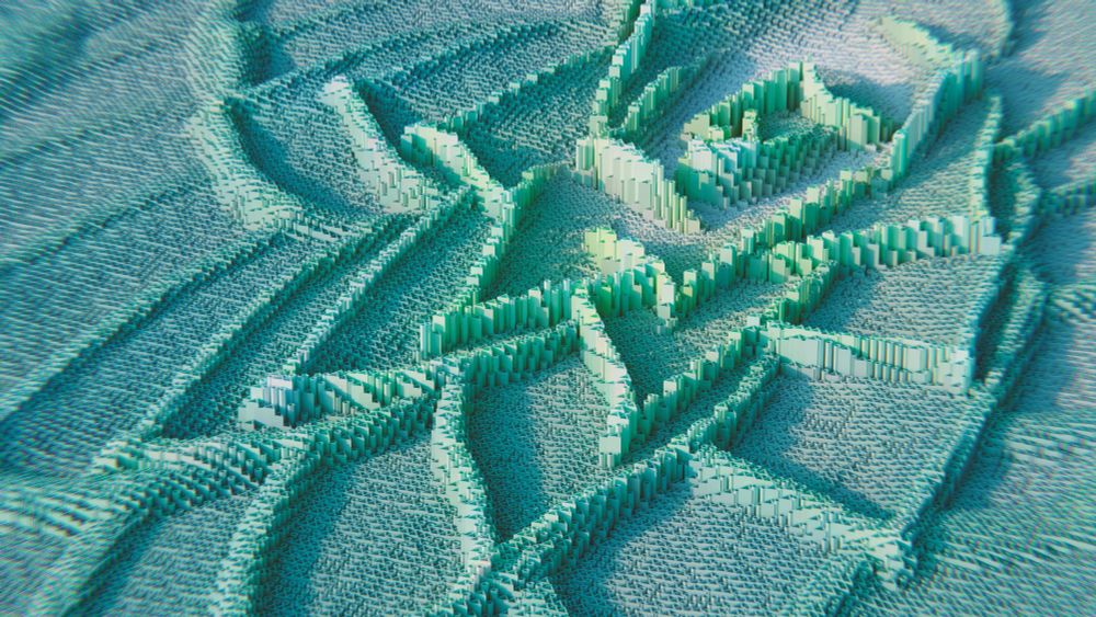 A 3-d pattern of turquoise building-blocks, making converging lines.
