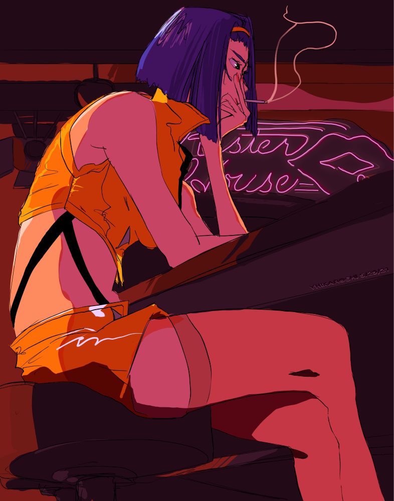 My drawing of Faye Valentine from Cowboy Bebop sitting at the Rester House bar, smoking a cigarette.