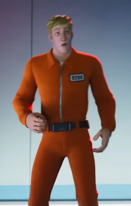 Jonesy from Fortnite in an orange prison jumpsuit. This image is in better quality from the first picture, but doesn't show his lower legs and he's got a goofy expression on his face. From the Chapter 2 The End event.
