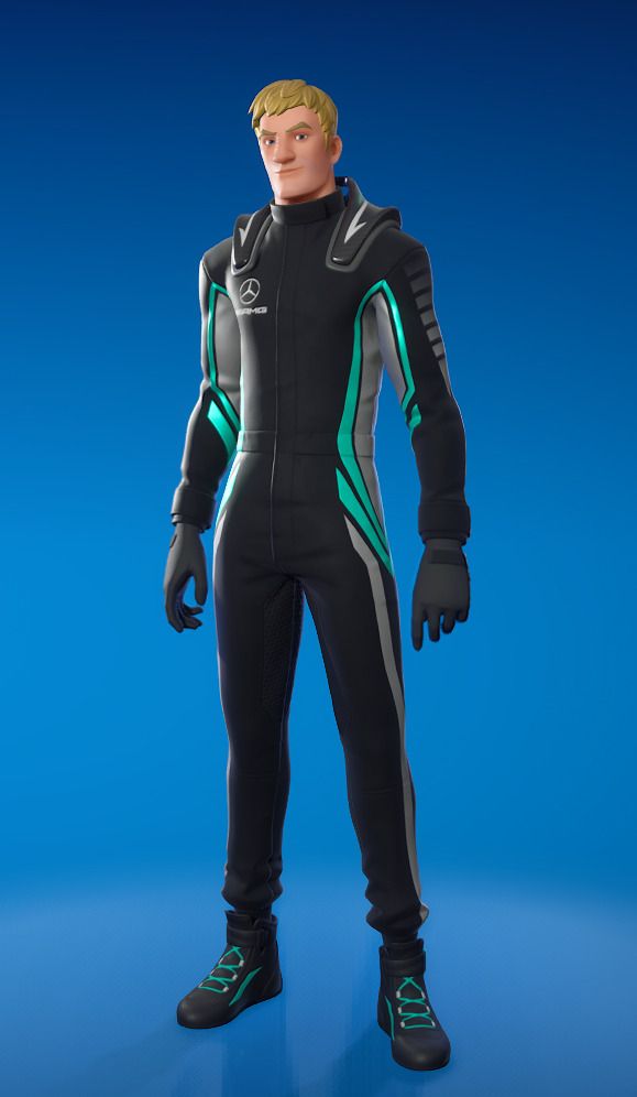 Fortnite's Jonesy wearing a racing suit that is black with bright teal and white stripes down the sides, seen from the front.