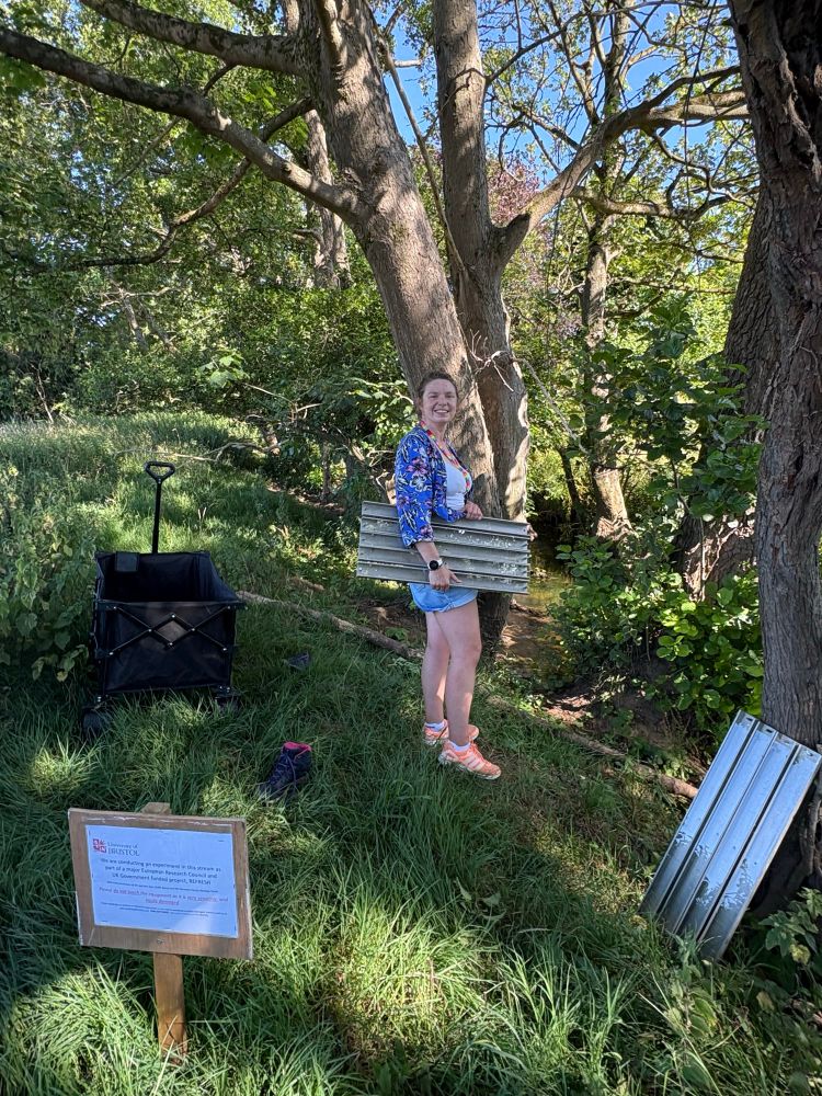 Dr Charlotte Briddon transferring our biofilm frames to our clay stream site to start incubation. Each frame holds 45 glass slides, and we need c. 450 for each experiment.