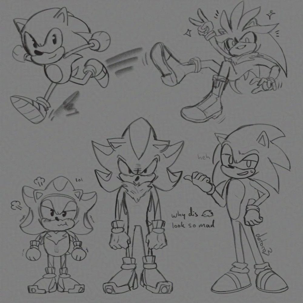 assorted sketches, top left is a running classic sonic, top right is a floating silver holding up a peace sign, bottom is "why dis hedgehog look so mad" meme, with shadow in the middle staring menacingly at the viewer. to shadows left is sonic pointing his thumb at him and looking mildly amused, and to the right is classic sonic in a shadow costume trying to imitate shadow and trying not to burst out laughing (dotoro3art)