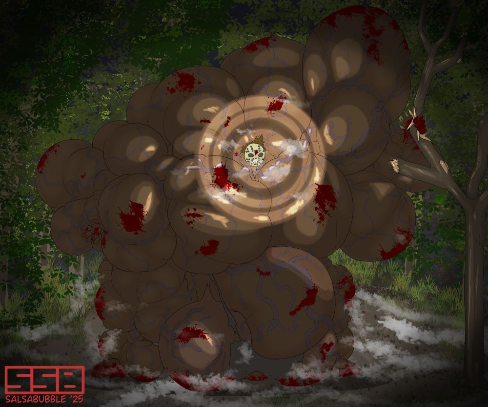 A supermassively meatball muscled guy is cosplaying as Jason Voorhees, dramatically and ominously posing for a photo shoot of the "costume". It's really just Hunter wearing a mask, but we'll say it counts as a costume.