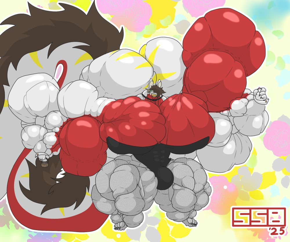 Sal, beefcake Dragon supreme, gingerly holds a comparitively teensy egg - a gift for you! A massive bicep bulges ridiculously on his slightly bent arm, and he seems altogether chuffed to bits with himself and his snazzy bunny suit.