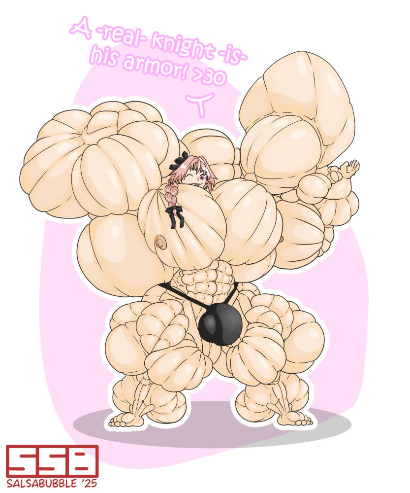 An extremely hyper muscled Astolfo from the FATE series, commenting on the knightly standard of beefy bodies. He seems cockily teasy about it, too!