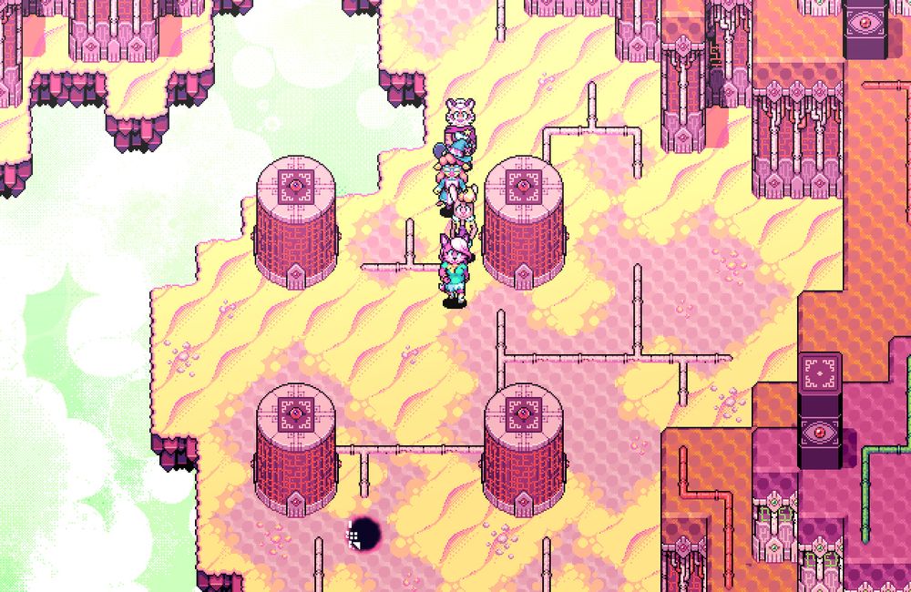 A screenshot from Super Lesbian Animal RPG. The party walks through the high-tech desert ruins of the Celestial Wasteland, with the sky visible below