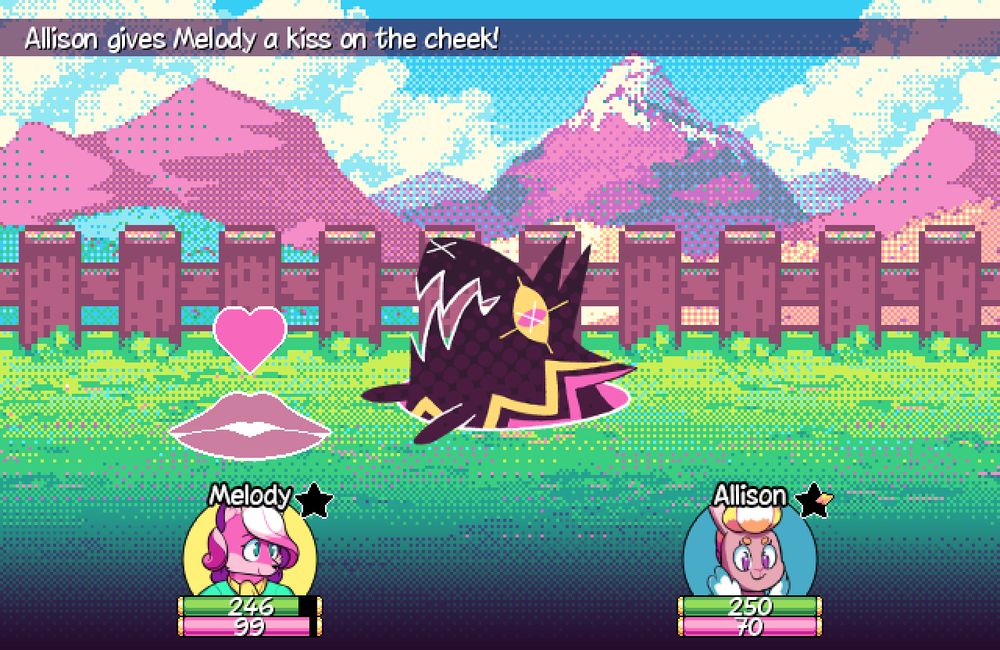 A battle screenshot from Super Lesbian Animal RPG. While fighting a Hole Hound with a view of the mountains in the background, Allison uses her kiss move to give Melody a kiss on the cheek.