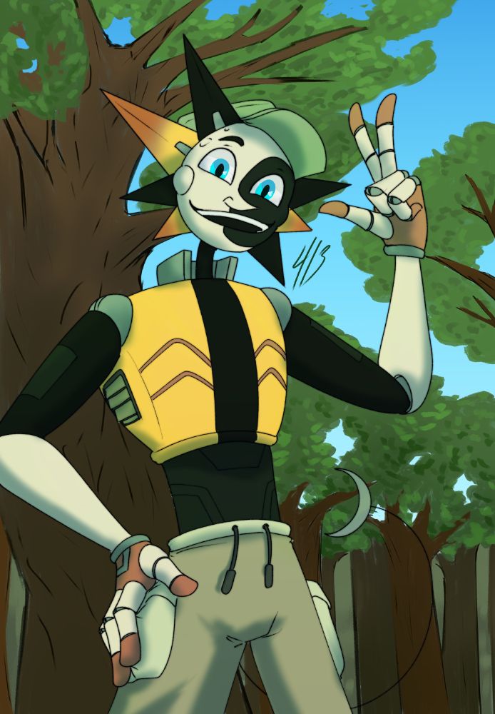 Full color digital piece of Daybreak, an animatronic with 7 sun-like rays, three golden and four black. He wears a green cap and a pair of brown cargo trousers, and his torso is designed to look like a sleeveless yellow jacket with a popped collar. He grins down at the viewer, a hand raised in greeting, as he stands in a sunny woodland space.