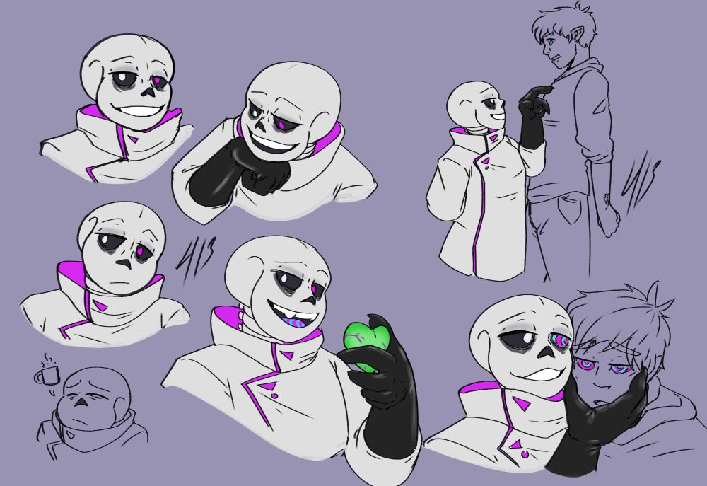 Digital sketches of Dr Baggs, a skeleton with one pale white and one magenta eyelight, with prominent exhaustion bags underneath the eye sockets. He wears a white lab coat with high collar and magenta inside and highlights, and black clinical gloves that reach his elbow. Four colored sketches are headshots of various amused and intrigued expressions, with one smug grin as he holds a human's Soul (green with flecks of purple) in one hand. There is an uncolored sketch in the corner with a very tired Baggs and a coffee mug in a speech bubble next to him. The other two sketches feature an uncolored masculine human. One sketch has Baggs walking his hand up the human's chest with a wry grin as the human stands looking down at him (being a foot taller), looking tense and caught off-guard, with a smattering of scales visible on their wrist. The second sketch has Baggs actively hypnotising the human, with magenta and cyan swirls in one of Baggs' sockets and filling both the human's eyes, their expression slack while Baggs looks on amused, holding the human's face in his hand.