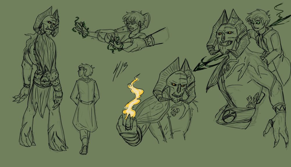 Uncoloured digital sketch page of Angor Rot with Avalon, a masculine person in a hoodie and knee-length trench coat. The first sketch is Angor looking over his shoulder and down at Avalon, who is walking slightly behind him with hands in their pockets. The second sketch is Avalon visibly struggling to cast shadow magic, Angor's hands holding their arms elevated and stretched out. The third sketch is Angor with a firm but relaxed expression and a hand raised, a plume of golden magic rising from his palm. The fourth sketch is Angor turning around and grinning with a battle manic energy, Avalon holding themselves upright on his back while summoning a trident of shadow and green magic.