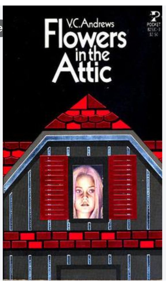Book cover of "Flowers in the Attic" by V.C. Andrews, featuring an attic window with red shutters against a dark background and a girl with long blonde hair looking out from behind the window.