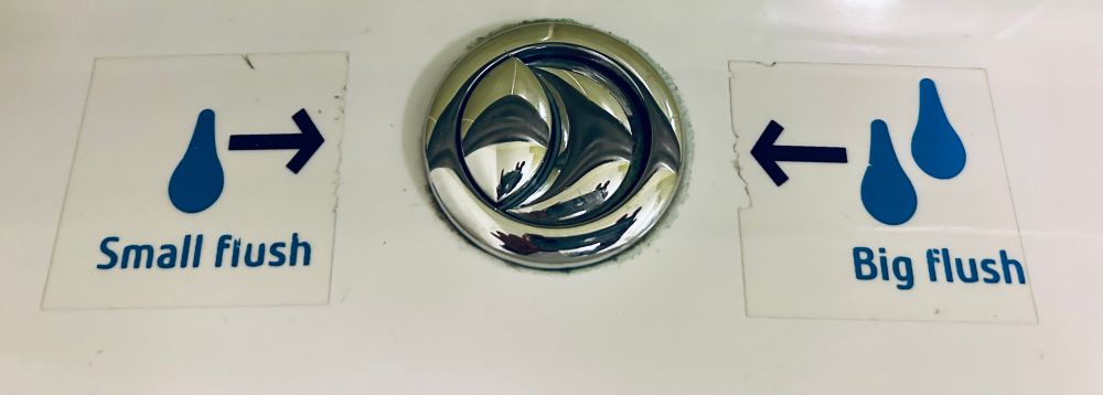 Toilet with cartoony water drop images showing “small flush” and “big flush”