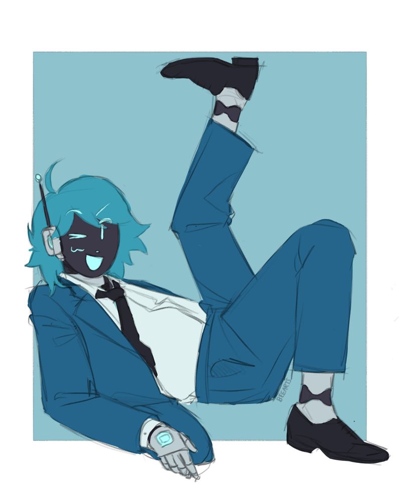Drawing of original character UNO, he is a robot with a blue suit and light blue hair, his face is a black screen with bright blue simple expressions. He is leaned back onto an invisible wall, one leg up and another bend around an invisible box.