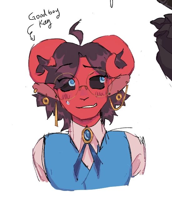 Drawing of a red tiefling character with red inward curved horns, ram ears and animalistic nose and middle length dark hair. He wears a pair of gold rounded glasses and 3 varied earrings in each ear. For clothes he is wearing a white shirt under a light blue waistcoat, on his collar a sapphire and gold brooch with two dark blue ribbon tails.