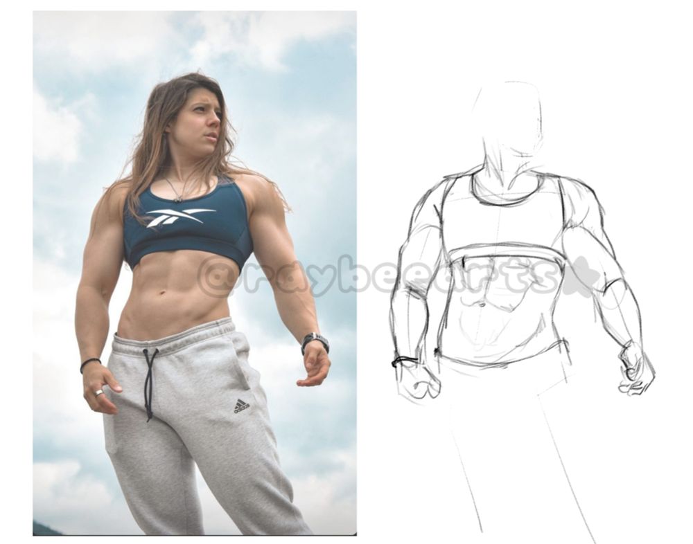 Sorry, I'm don't know the source if this one. Sketchy drawing practice of muscles in a person in a relaxed pose, their face turned to the right, the left side having the reference picture and righ side being the sketch.