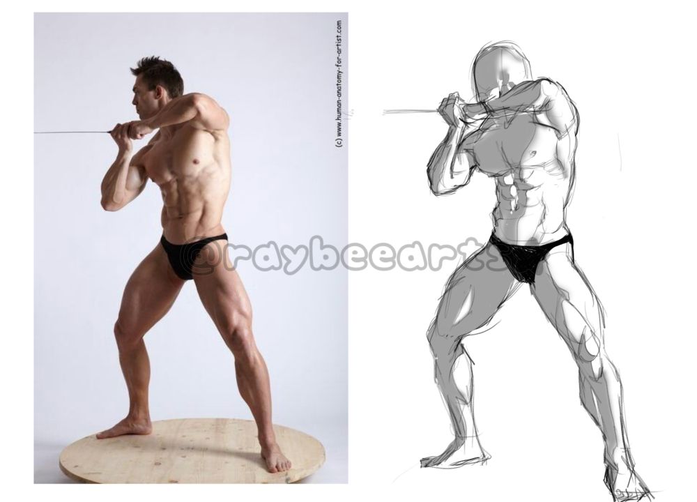 Source by what it says in the image: "(c) human-anatomy-for-artist.com". Sketchy drawing practice of muscles in a person, full body while the person holds out but close to his face a long sharp object up with both hands, the left side having the reference picture and right side being the sketch.