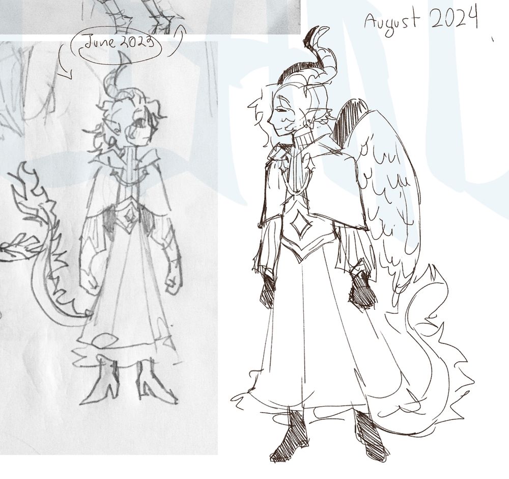 Drawing comparison between a character, on the left how I used to draw him on June 2023 and on the right a redraw in August 2024