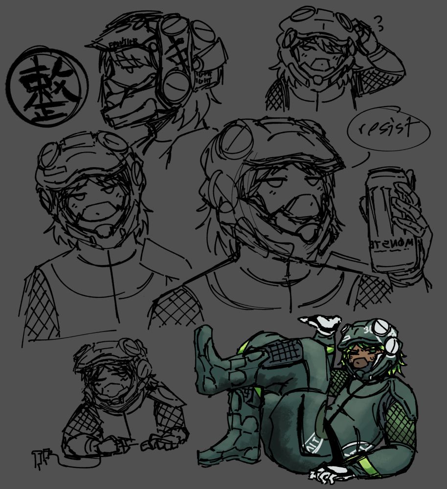 six doodles of fixer from 1000xresist. from left to right, top to bottom:
fixer looking to the left, next to her logo
fixer rubbing her head and looking up bashfully
fixer staring at the viewer
fixer holding a can of monster energy and saying "resist"
fixer with an alcoholic mixture injected in her arm
fixer in a cramped, boxed-in position