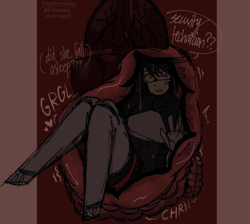 eule strudel is stuck inside a cramped cutout of a stomach, with her legs sticking out of the frame and one of her hands pushing out against the walls. her expression is nervous and somewhat disgusted. she calls out "security technician??" to which there isn't any response, prompting the thought "did she fall asleep???" other internal organs are present, with the kidney and lungs and heart dark and barely visible above her while intestines are below her. 