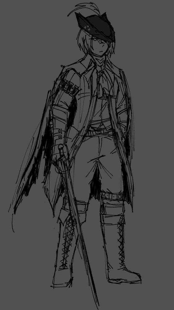 an au of eule strudel, where she's in bloodborne-esque hunter clothes. she wears a solemn expression with a hand in one pocket and a sword in the other.