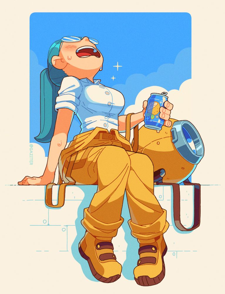 My OC Sofia sitting on the ledge with her head back, she's holding a refreshing drink, exhausted after a long climb. 