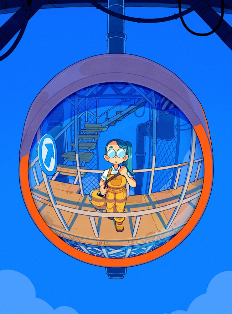 My character Sofia seen through a traffic mirror looking at it, the background shows a clear blue sky but the inside of the mirror shows the  messy scrappy staircase of the tower.