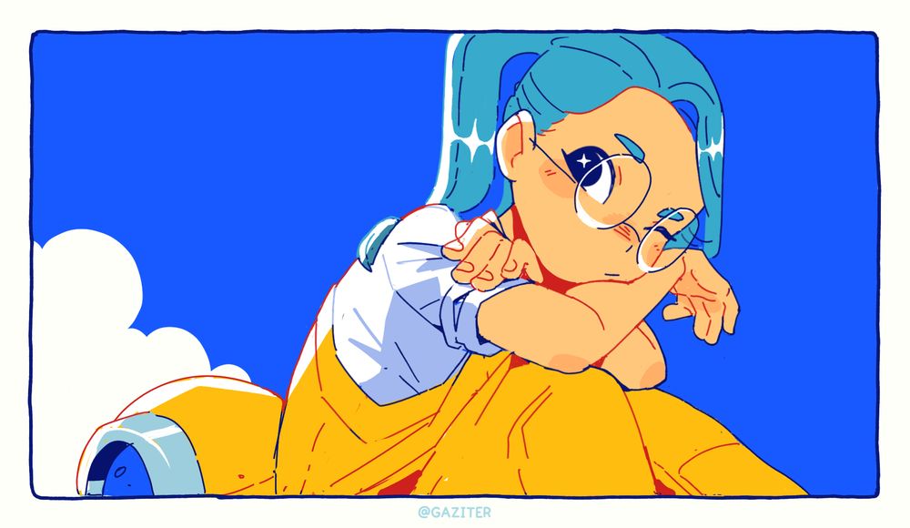 My OC Sofia sitting leaning on her hands and knees, over a saturated blue sky