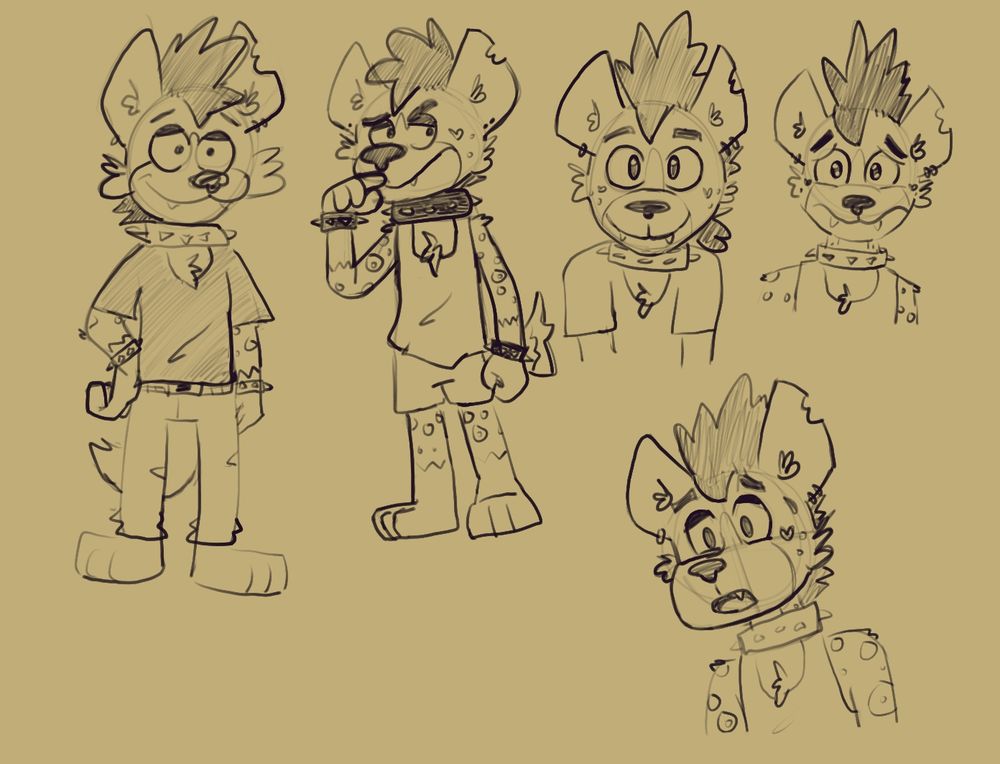 Rough Aeolia Hyena sketches in various poses with different expressions and wearing different clothing.