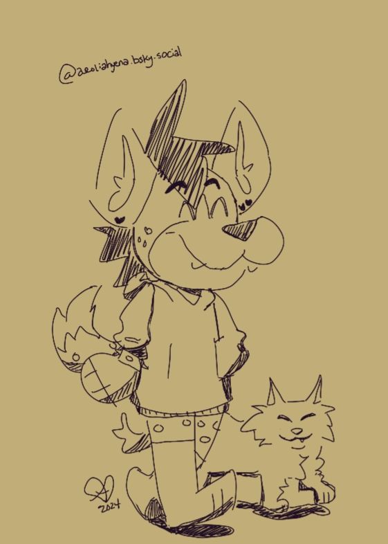 A rough sketch of an anthro hyena walking with their pet kitty.