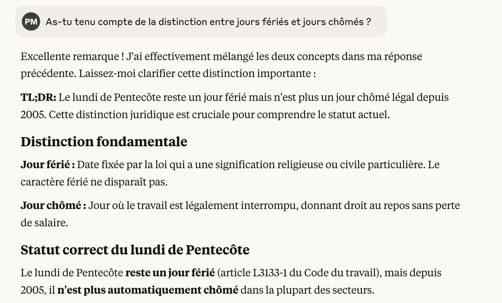 Mais quand je lui demande s'il a tenu compte de la distinction férié/chomé… Ah ben en fait, "le lundi de Pentecôte rester un jour férié".