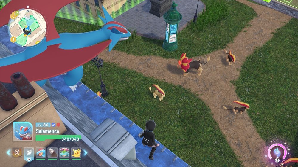 An image of my player character on a rooftop, my Salamence behind me. On the ground within view is an alpha male Pyroar, surrounded by four female Pyroar. The closest female Pyroar to the rooftop is a shiny coloration.