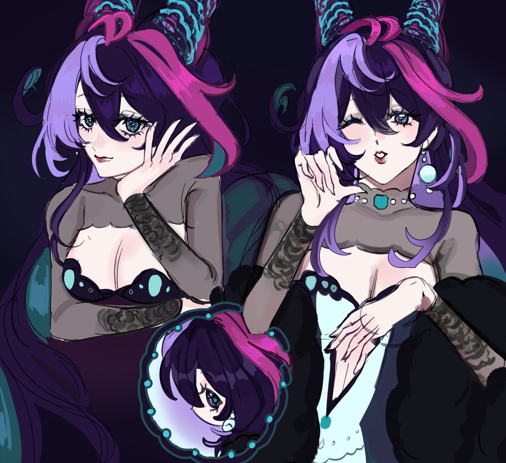 Skeb Doodle Drawing by Lyrique on Vgen of Astreigha's Vtuber Model. It shows her in a pose leaning on her hand on the left side and on the right side she is doing a pose with a wink. There is a little chibi style version in the middle in a circle. 