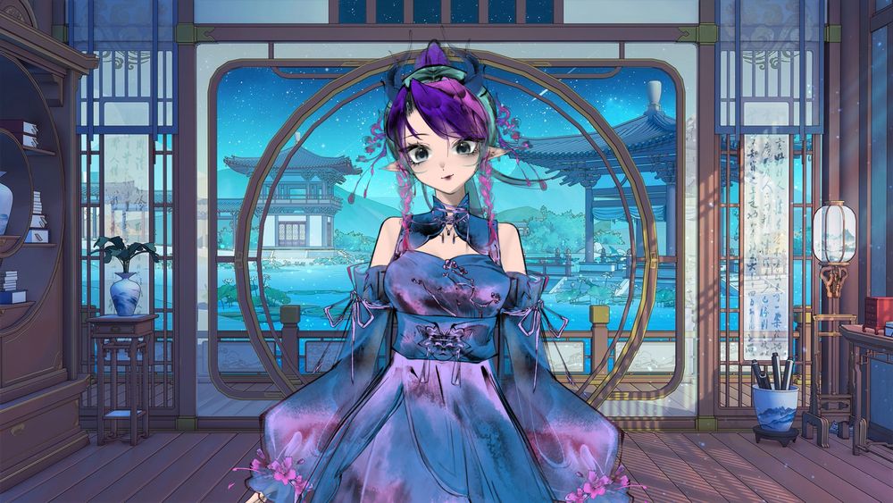 Astreigha's Customizable Ink Vtuber Model by KyokiStudio. It is a blue and purple Japanese themed dress and her hair is Pink, Purple and Turquoise Green. She has a smug smile. She is standing at a desk and there is a Japanese themed background by Dream-art.
