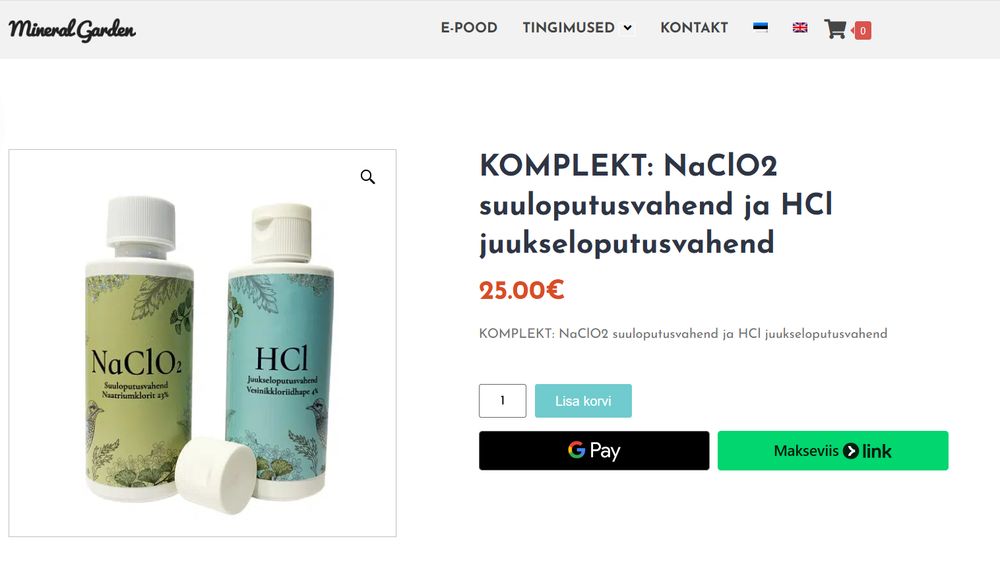 KOMPLEKT: NaClO2 suuloputusvahend ja HCl juukseloputusvahend
25.00€
Ümber nimetatud MMS komplekt Merili Kukuškini firma Mineral Garden e-poes