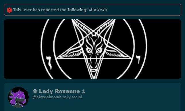 Profile with a warning at the top saying "This user has reported the following: she avali"