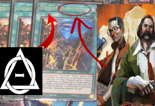 yugioh card "therion discolosseum" with pictures of the therion symbol and disco elysium pointed at it